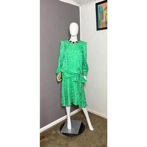 Vintage 1980's Green Silk Drop Waist Dress from Argenti for I. MAGNIN S/M